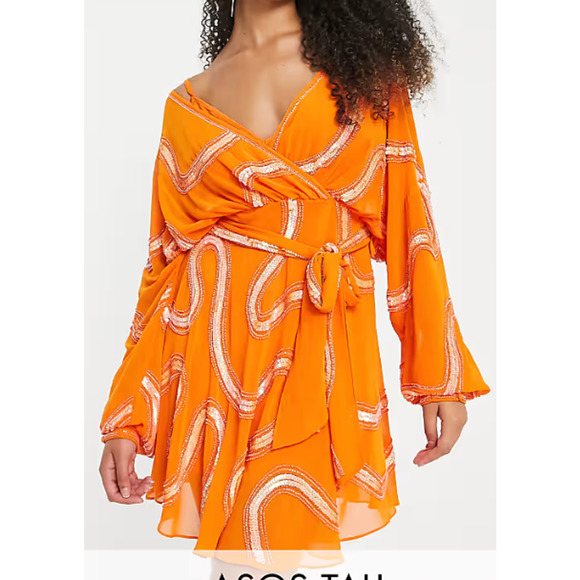 ASOS DESIGN Rouleaux Loop Tie Waist Mini Dress with Swirl Embellishment Size 0 - Picture 2 of 12